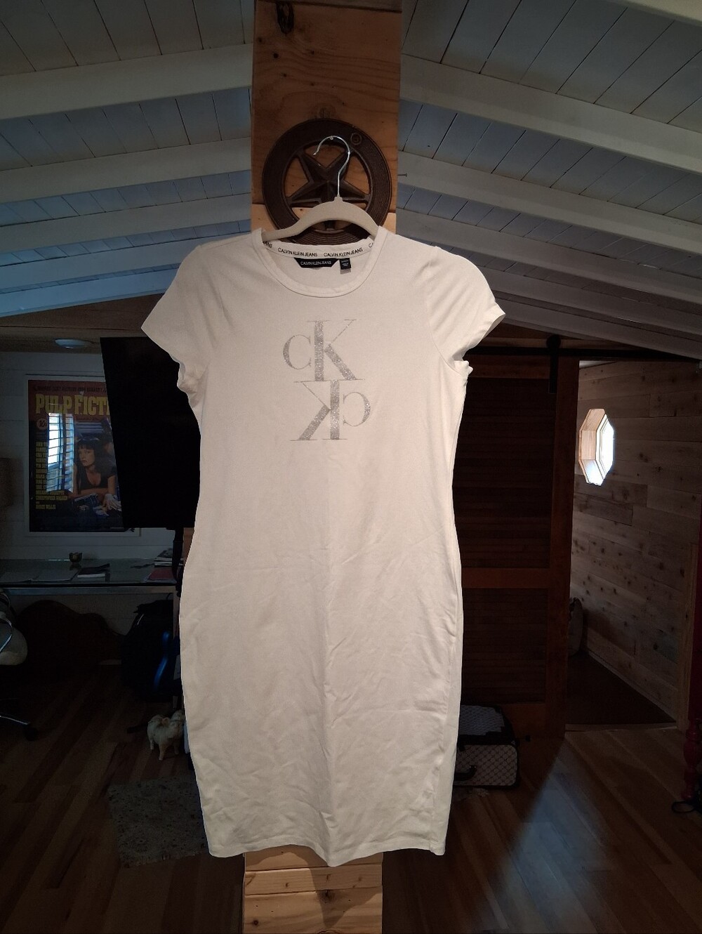 Calvin Klein White Tee Logo Dress with Silver Emblem